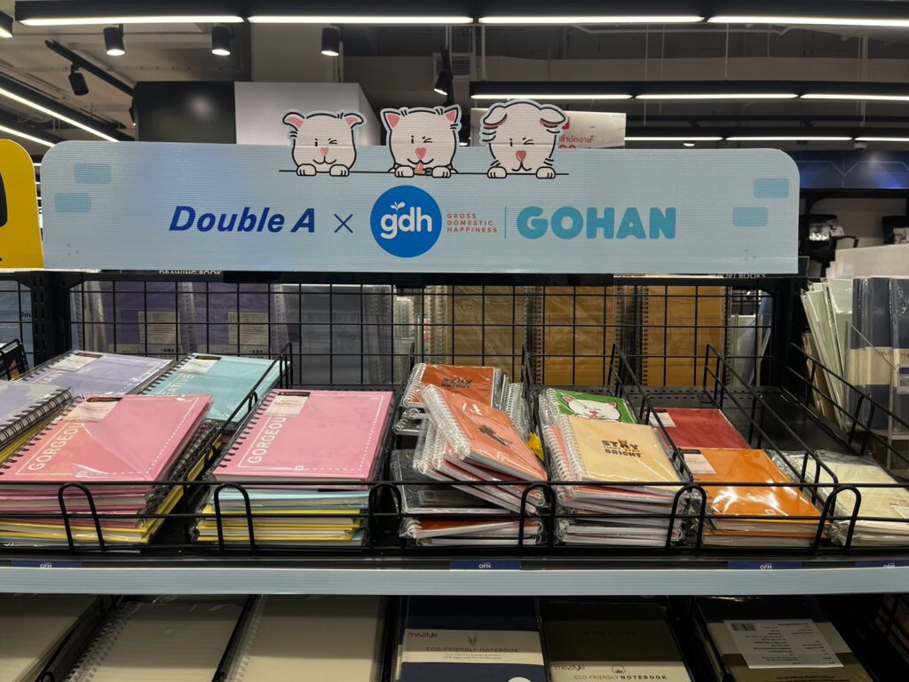 Shelf Frame บนชั้นวางสินค้า ภายในร้านค้าปลีก เพื่อเพิ่มการมองเห็นแบรนด์ Double A × GDH × GOHAN และกระตุ้นการตัดสินใจซื้อที่จุดขาย